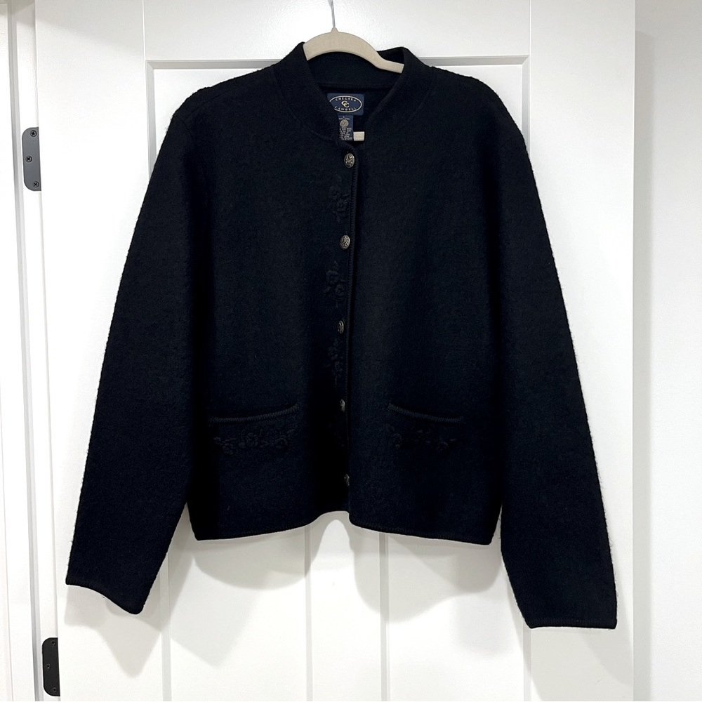 Vintage Chelsea Campbell Black Floral Embroidered Wool Sweater Cardigan Large